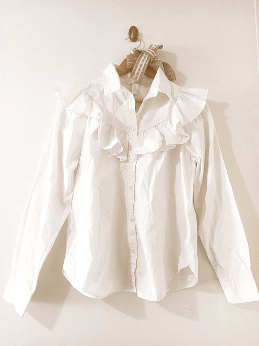 H&M Western Crisp White Statement Ruffled Puff Balloon Sleeve Button Down Shirt